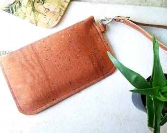 Cork leather wristlet | Small caramel brown clutch | Cork zip pouch | Cash + card zip wallet with wrist strap | Tan cork wristlet purse