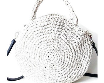 Crochet circle bag | Round carryall bag in White or Black | Circle crossbody purse with adjustable strap | Round top handle bag made of rope