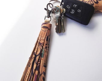 6" Cork Leather Tassel, Butterfly print | Vegan purse charm | Handmade tassel clips on purse or tote | Eco-friendly key chain, bag charm