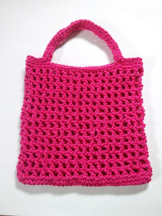 Hand Crocheted Beach Carryall in BRIGHT PINK Handmade Rope Bag 14 Inch Tote Pink Market Bag Open Weave Bag Macrame Tote Bag Net Bag Etsy
