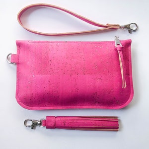 Cork leather wristlet Fuchsia cork clutch Hot pink zip pouch Cash card zip wallet with wrist strap pink eco-friendly vegan purse image 8