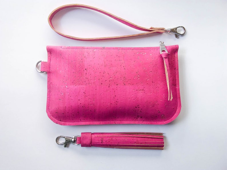 Cork leather wristlet Fuchsia cork clutch Hot pink zip pouch Cash card zip wallet with wrist strap pink eco-friendly vegan purse image 8