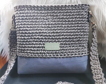 Chelsea Crossbody, GRAY, crochet crossbody bag made of rope and cork leather, macrame style shoulder bag with strap, eco-friendly, handmade