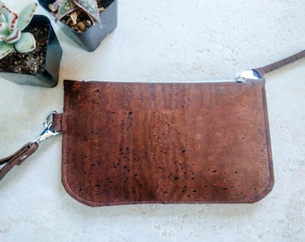 Cork leather wristlet | Small clutch | Cork zip pouch | Cash + card zip wallet with wrist strap | Soft chocolate brown cork wristlet purse
