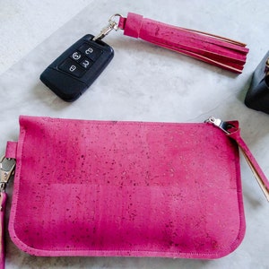 Cork leather wristlet Fuchsia cork clutch Hot pink zip pouch Cash card zip wallet with wrist strap pink eco-friendly vegan purse image 1