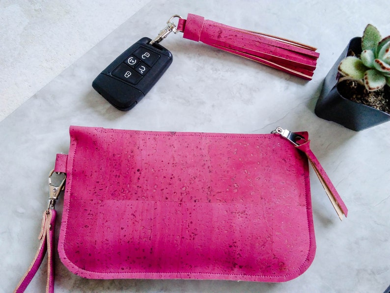 Cork leather wristlet Fuchsia cork clutch Hot pink zip pouch Cash card zip wallet with wrist strap pink eco-friendly vegan purse image 1