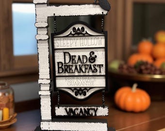 Sleepy Hollow Dead and Breakfast Sign, Creepy Halloween, Fall Decor, Spooky Decor, Ghosts, Bats, Witches, Standing Decor, Mantel decor