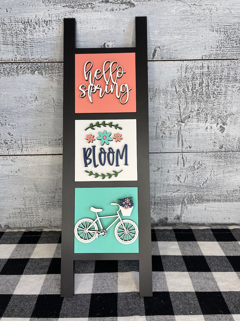 Spring Leaning Ladder Inserts, Spring decorations, Spring tiered tray, Spring Gnome, Spring Truck, Spring Flowers, Bike Decor, Mini Sign bild 4
