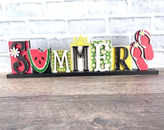 Summer Chunky Shelf Sitter, Mantel Decor, Standing Wood Sign, Gift, Watermelon Decor, Sunshine, Flip Flops,  Block words, kitchen decor