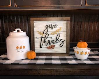 Give Thanks Sign, Fall Sign, Pumpkins, Tiered tray sign, fall decor,  Wreath sign, shelf sitter sign, 3D sign, Gratitude, Thanksgiving decor