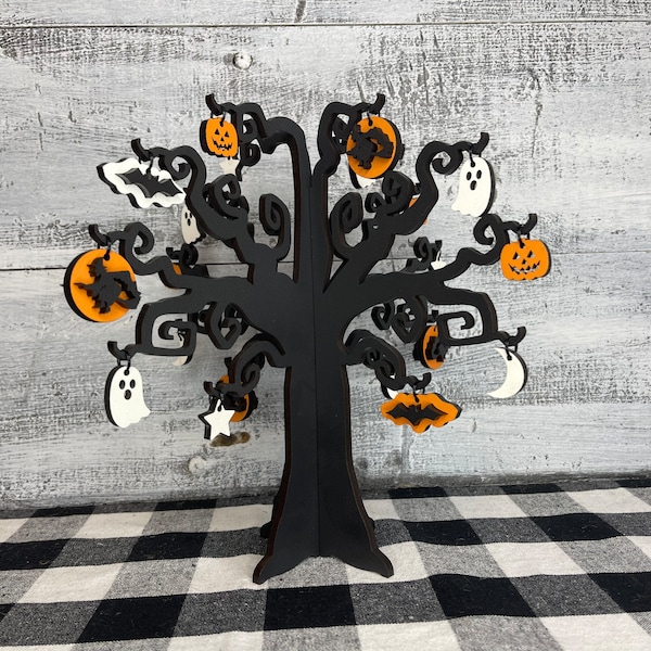 Halloween Tiered Tray, Creepy Halloween, Fall Decor, Spooky Decor, Ghosts, Bats, Witches, Standing Tree, Mantel decor