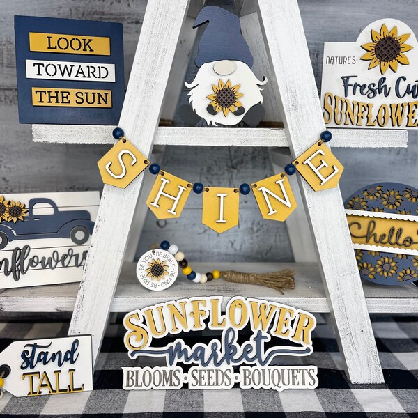 Sunflower Tiered Tray,  Summer Tiered Tray, Sunflower Decor, Sunflower Signs, Tiered tray bundle, Truck Sign,  mini sign, Sunshine, Gnome