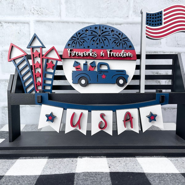 Patriotic Interchangeable Sign, 4th of July, Tiered tray, Summer Decor, Red, White, and Blue, Raised Shelf, Wagon