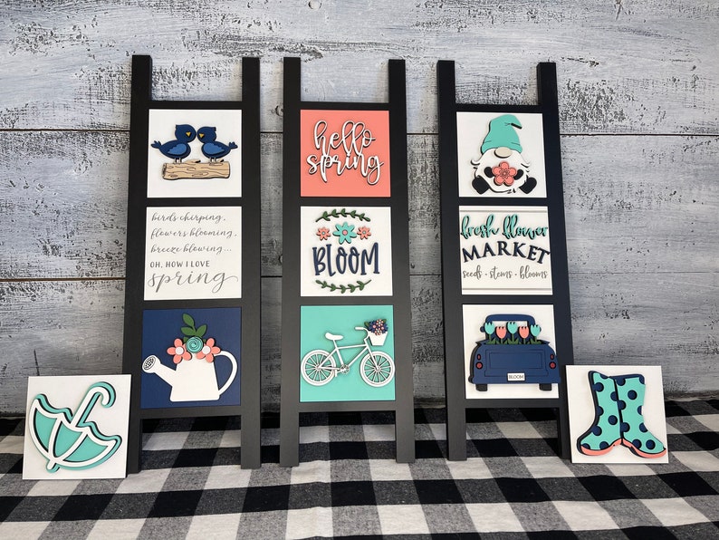 Spring Leaning Ladder Inserts, Spring decorations, Spring tiered tray, Spring Gnome, Spring Truck, Spring Flowers, Bike Decor, Mini Sign bild 1