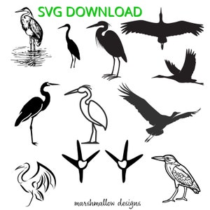 Könnte beinhalten: Schwarz-Weiß-SVG-Download mit Illustrationen von Vögeln, darunter Reiher in verschiedenen Posen, Vogelabdrücke und ein Vogel im Flug. Der Text "SVG DOWNLOAD" steht oben in Grün. Unten steht "marshmallow designs".