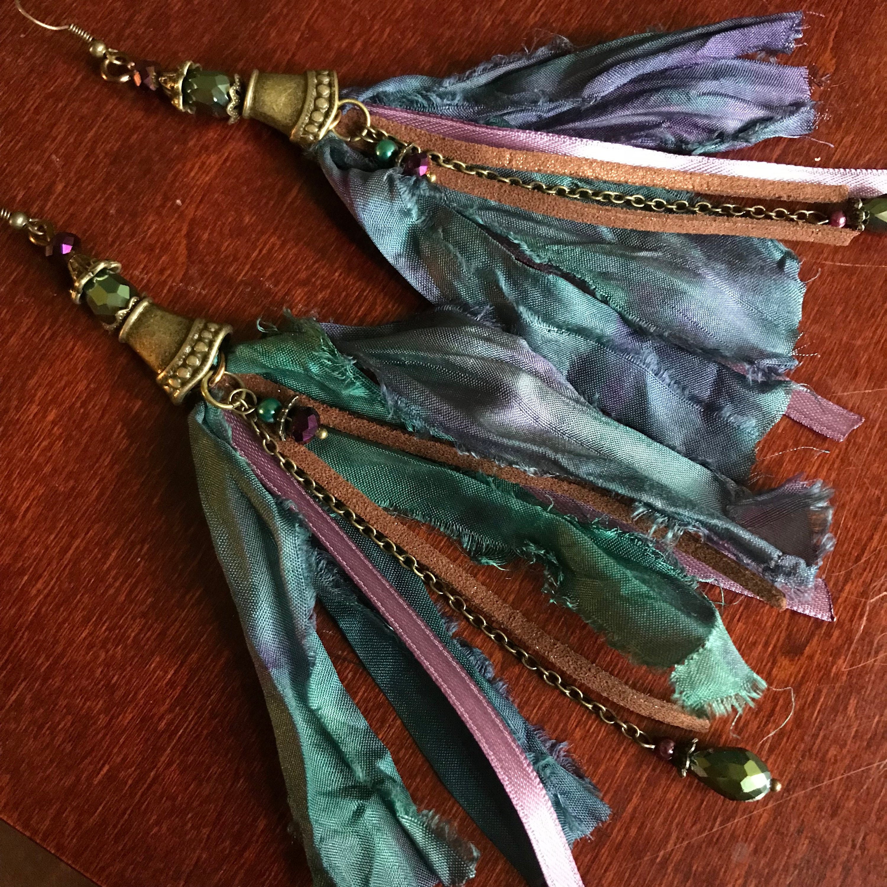 Bullet Earring, Recycled Jewelry, Sari Silk Ribbon, Boho Jewelry
