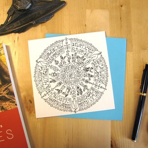 Carte de voeux mandala fait main encre de Chine noire sur papier, sans texte intérieur, paix, humanité, colombe, La paix est un rivage