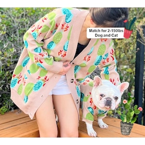 Matching Pet Owner Set, Cat Dog Parent Twinning Set, Boho Cactus Succulent Plants Cardigan Sweater for Small Medium Big Dog