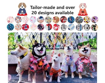 Op de afbeelding: Vijf honden in kleurrijke Japanse kleding staan voor een metalen hek. De honden lachen allemaal en kijken naar de camera. De tekst "Tailor-made and over 20 designs available" staat bovenaan de afbeelding.