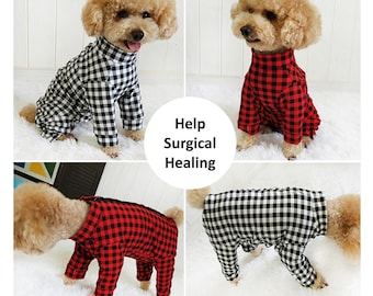 Dog Cat Recovery Pajamas Checkered Flannel Style Suit Abdominal Wound Protector Bodysuit Medical Surgical Clothes Onsie