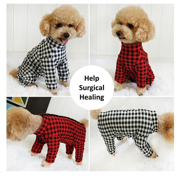 Dog Cat Recovery Pajamas Checkered Flannel Style Suit Abdominal Wound Protector Bodysuit Medical Surgical Clothes Onsie