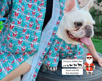 Handgemachte Weihnachten passende Haustier Hund Katze Besitzer Set, Weihnachtsmann im Strandurlaub, tropische Feiertage Familie Strand Vibes TWIN Button Shirts