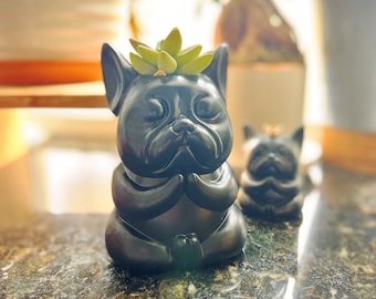 French Bulldog Vase Plant Flower Succulent Pot, Frenchie Boston Terrier Sitting Meditation Zen, Pencil Stationery Organizer Holder Gift
