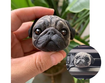 Pug Realistic 3D Sculpture Portrait, Car AC Vent Clip Aromatherapy Stone Plaster Diffuser,Puggo Ornament Hand Painted Gift