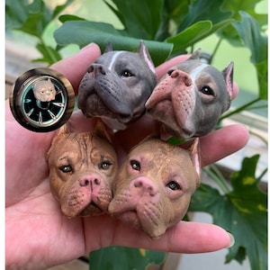 Puede incluir: Cuatro figuritas de bulldog en miniatura, cada una con un color y un patrón diferentes. Las figuritas están hechas de un material liso y pintado y tienen detalles realistas, incluidas arrugas y pliegues en sus caras.