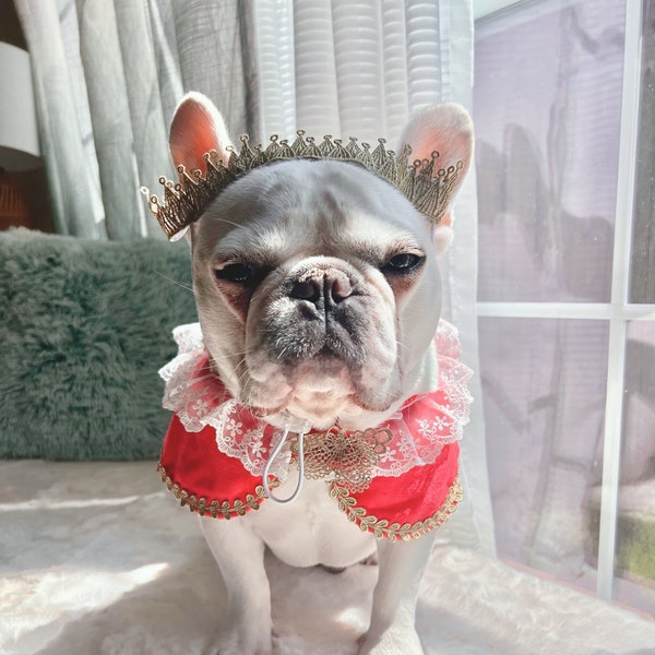Queen King Lace Pet Dog Cat Bandana, Baberos con corona, White Lace y Gold Red Royal Family Bandana Bib, Disfraz de Halloween para mascotas