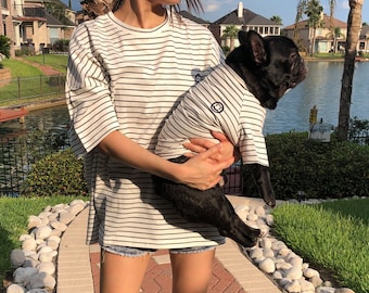 Matching Pet Owner Set Pets Cat Dog Parent, Lightweight Minimalist Hipster Simple White/ Black Striped Clothing Tee Tshirt Basic