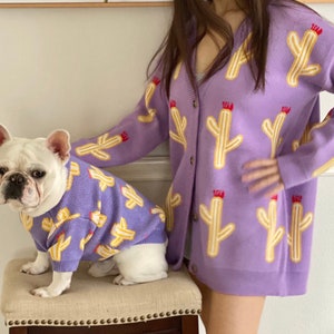 Matching Pet Owner Set for Pets Cat Dog Parent Cactus Print Sweatshirt Sweater Cardigan Jacket Mom Dad Twinning Outfit