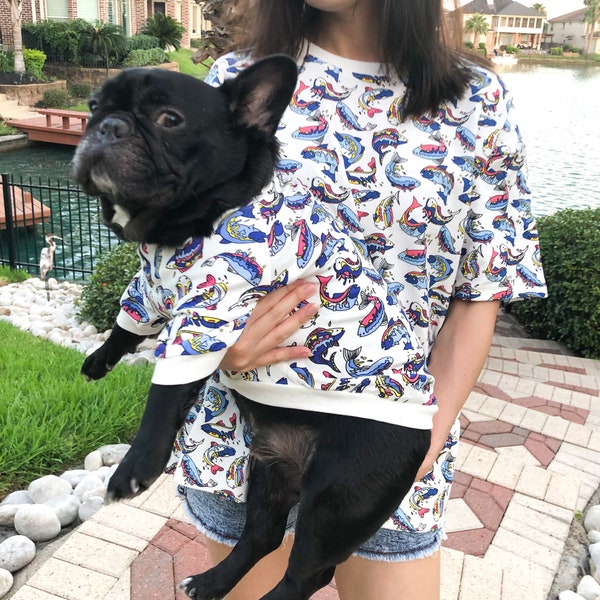 Abbinare Pet Owner Set Pet Scat Dog Genitore, Aqua Pesce Stampa Pesca Hipster Unisex Abbigliamento Tshirt Base per Cane Gatto Papà o Mamma