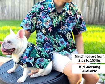 Matching Pet Dog Cat Owner Set, Dark Black Neon Summer Tropical Print, Family Card Idea Beach Vibes Twinning Button Shirts