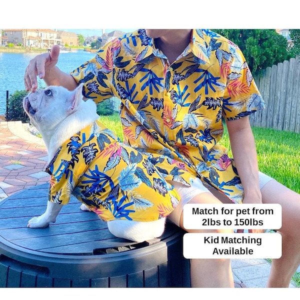 Matching Pet Dog Cat Owner Set, Mustard Yellow Tropical Flora Print, Family Card Idea Beach Vibes Twinning Button Shirts