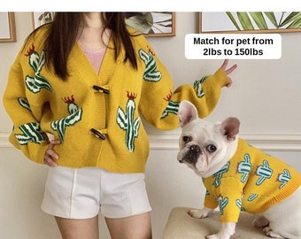 Matching Pet Owner Set for Pets Cat Dog Parent Cactus Print Sweatshirt Sweater Cardigan Jacket Mom Dad Twinning Outfit