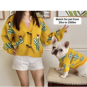 Matching Pet Owner Set for Pets Cat Dog Parent Cactus Print Sweatshirt Sweater Cardigan Jacket Mom Dad Twinning Outfit