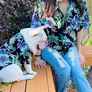 Matching Pet Dog Cat Owner Set, Dark Black Neon Summer Tropical Print, Family Card Idea Beach Vibes Twinning Button Shirts image 7