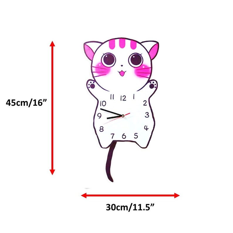 Cat Kitty Kitten Tail Wagging Decorative Wall Art Clock Illustration Cartoonist Housewarming Birthday Gift Nursery Bedroom Office Room Clock