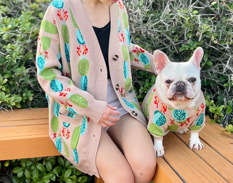 Matching Pet Owner Set, Cat Dog Parent Twinning Set, Boho Cactus Succulent Plants Cardigan Sweater for Small Medium Big Dog image 4