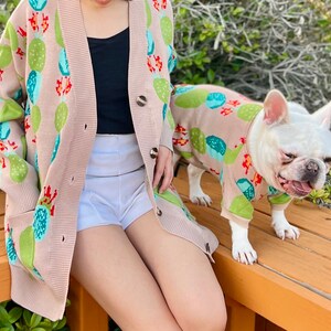 Matching Pet Owner Set, Cat Dog Parent Twinning Set, Boho Cactus Succulent Plants Cardigan Sweater for Small Medium Big Dog image 6