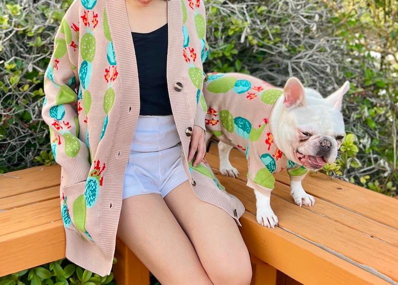 Matching Pet Owner Set, Cat Dog Parent Twinning Set, Boho Cactus Succulent Plants Cardigan Sweater for Small Medium Big Dog image 6