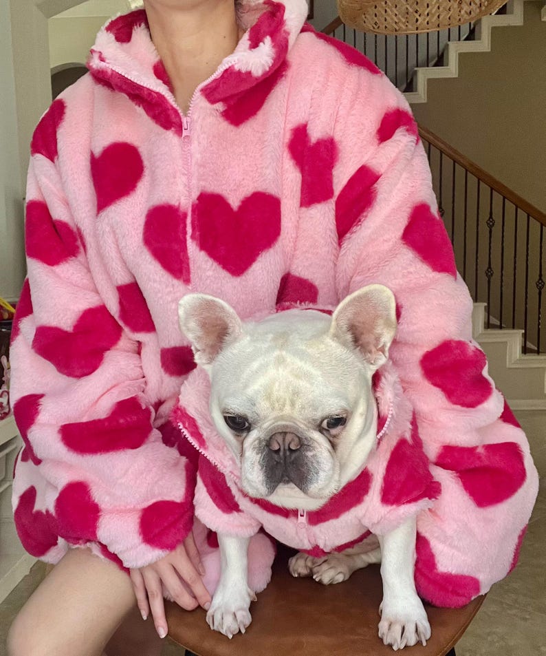 Puede incluir: Una chaqueta de forro polar rosa y roja con estampado de corazones. Un bulldog franc&eacute;s blanco lleva una chaqueta a juego.