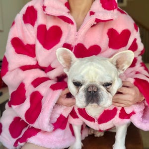 Puede incluir: Una chaqueta de forro polar rosa y roja con estampado de corazones. Un bulldog franc&eacute;s blanco lleva una chaqueta a juego.
