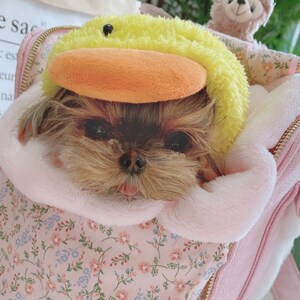 Puede incluir: Un peque&ntilde;o perro marr&oacute;n y blanco con un gorro de pato amarillo est&aacute; dentro de una bolsa de transporte rosa con estampado floral. La bolsa tiene una cremallera y un tirador de cremallera dorado.