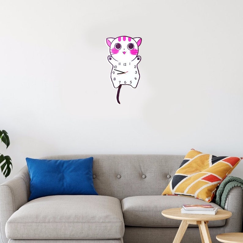 Cat Kitty Kitten Tail Wagging Decorative Wall Art Clock Illustration Cartoonist Housewarming Birthday Gift Nursery Bedroom Office Room Clock