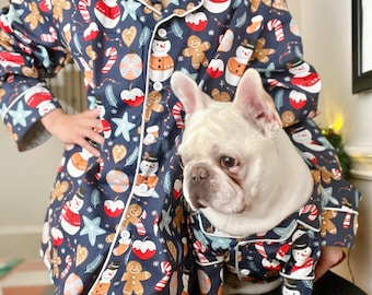 Handmade Pet and Owner Christmas Family Matching Button Shirt Pajamas,Gingerbread Man Sleep Shirt PJ Pants, Holidays Matching Outfit