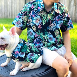 Matching Pet Dog Cat Owner Set, Dark Black Neon Summer Tropical Print, Family Card Idea Beach Vibes Twinning Button Shirts image 8