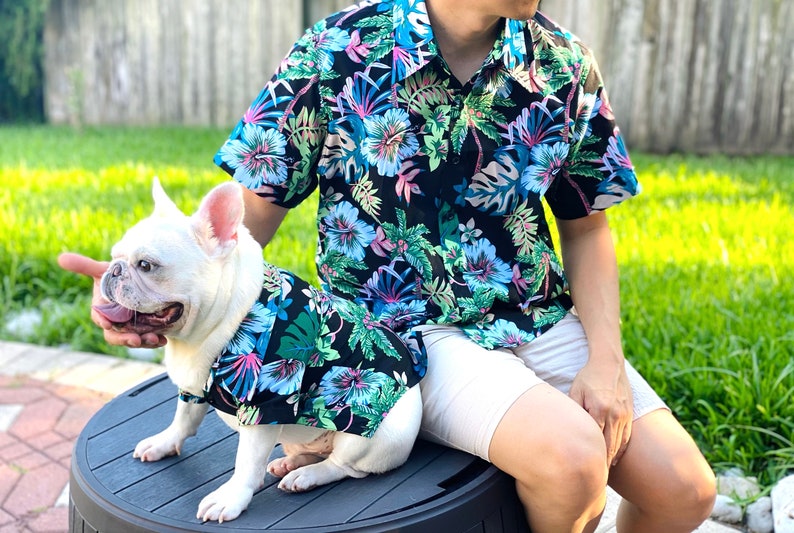 Matching Pet Dog Cat Owner Set, Dark Black Neon Summer Tropical Print, Family Card Idea Beach Vibes Twinning Button Shirts image 8