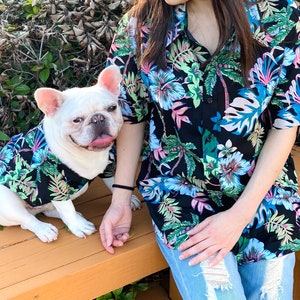 Matching Pet Dog Cat Owner Set, Dark Black Neon Summer Tropical Print, Family Card Idea Beach Vibes Twinning Button Shirts image 2